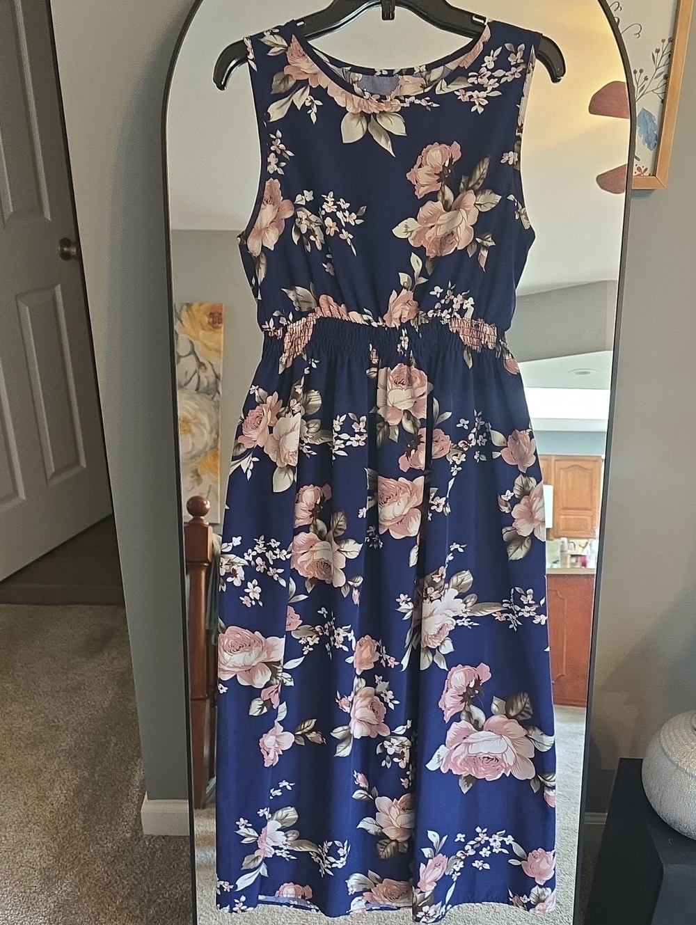 SHEIN Navy Floral Sleeveless Midi Dress with Pink Roses